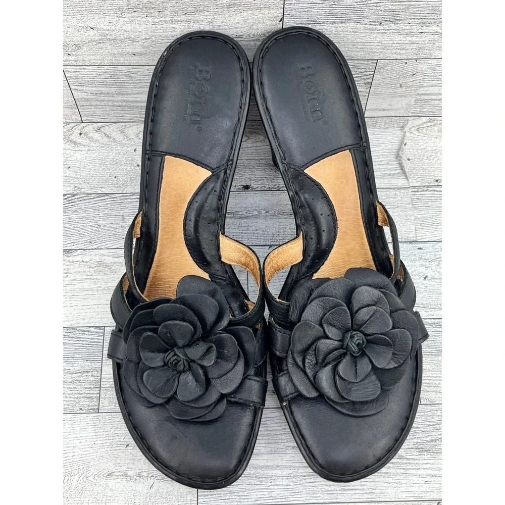 Born Black Leather Wedge Sandals Floral Rosette Slip On Mules Platform Women 10